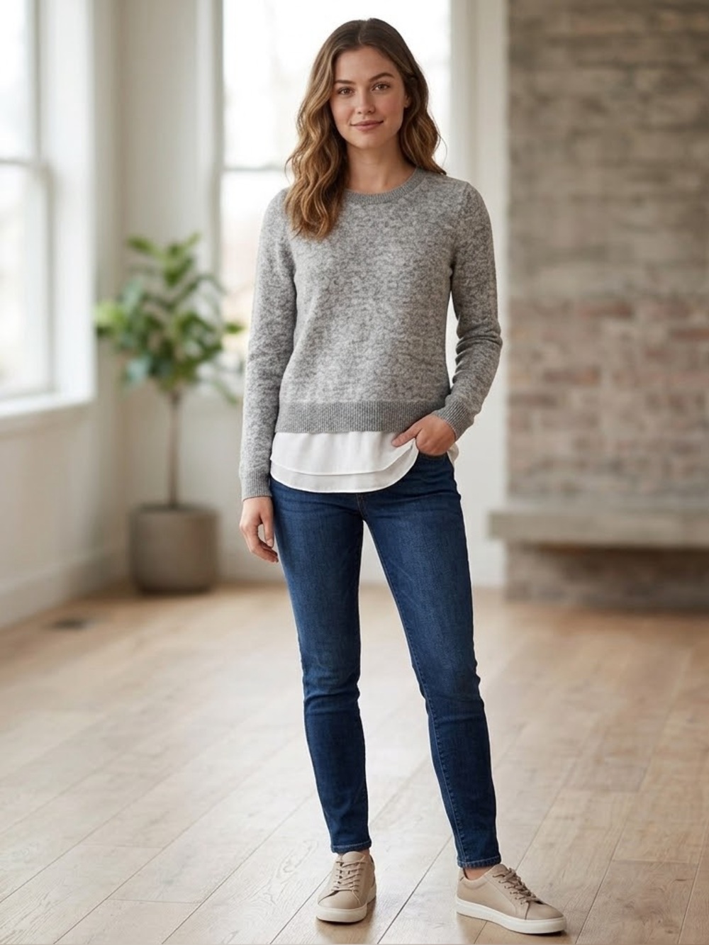 🔥NWT Amywear Gray Crewneck Sweater with Faux-Layered Hem 🤩